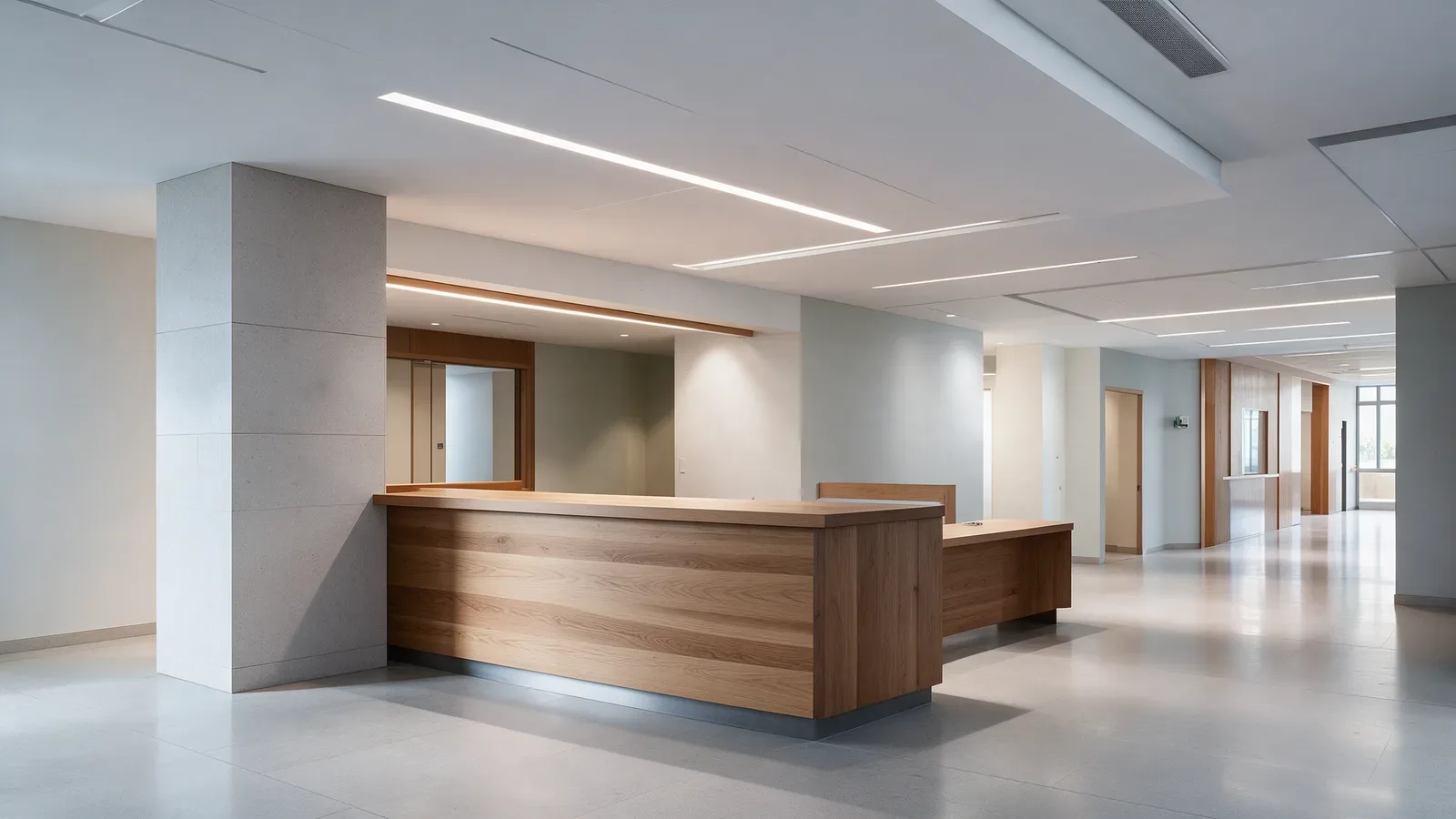 Vestíbulo de recepción de hospital con líneas de luz empotradas, mostrador de madera y piedra mate.