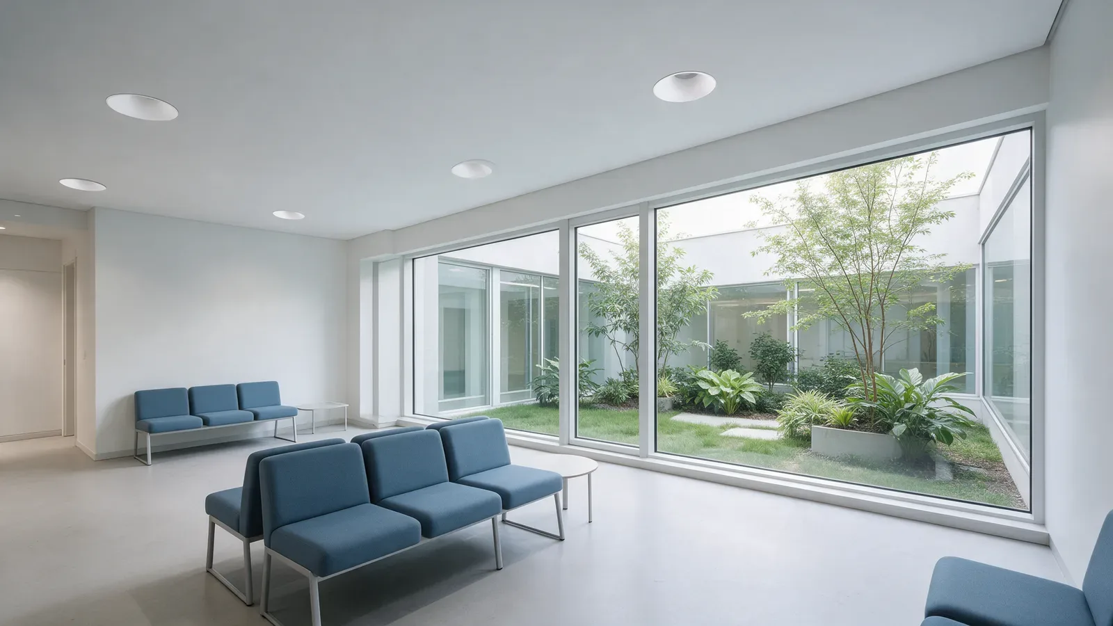 Sala de espera tranquila con focos circulares blancos empotrados, asientos azules y jardín visible por las ventanas.