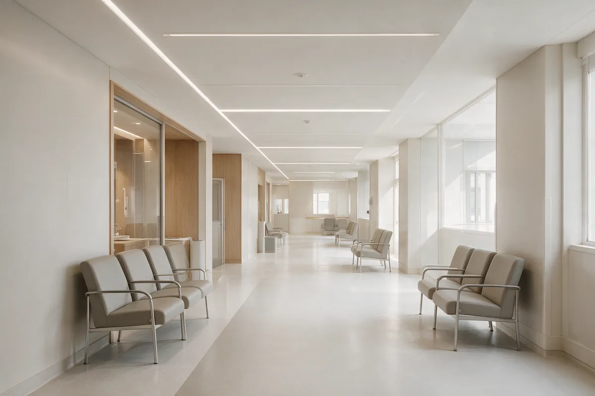 Sala de espera de hospital luminosa, con asientos junto a un pasillo y luminarias lineales en el techo.