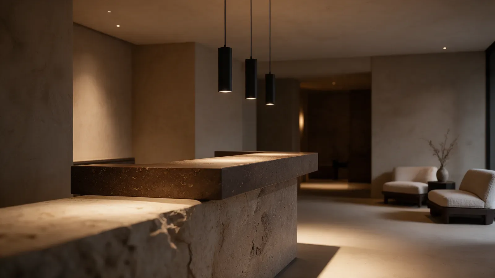 Recepción de hotel con tres luminarias suspendidas cilíndricas negras sobre un mostrador de piedra.