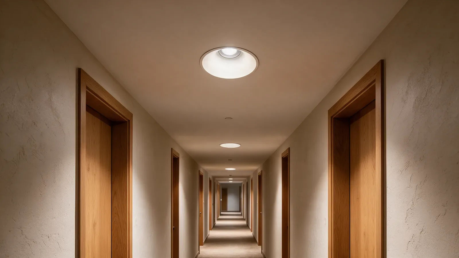 Pasillo de hotel con focos circulares empotrados de reflector profundo, puertas de roble y revestimiento texturizado.