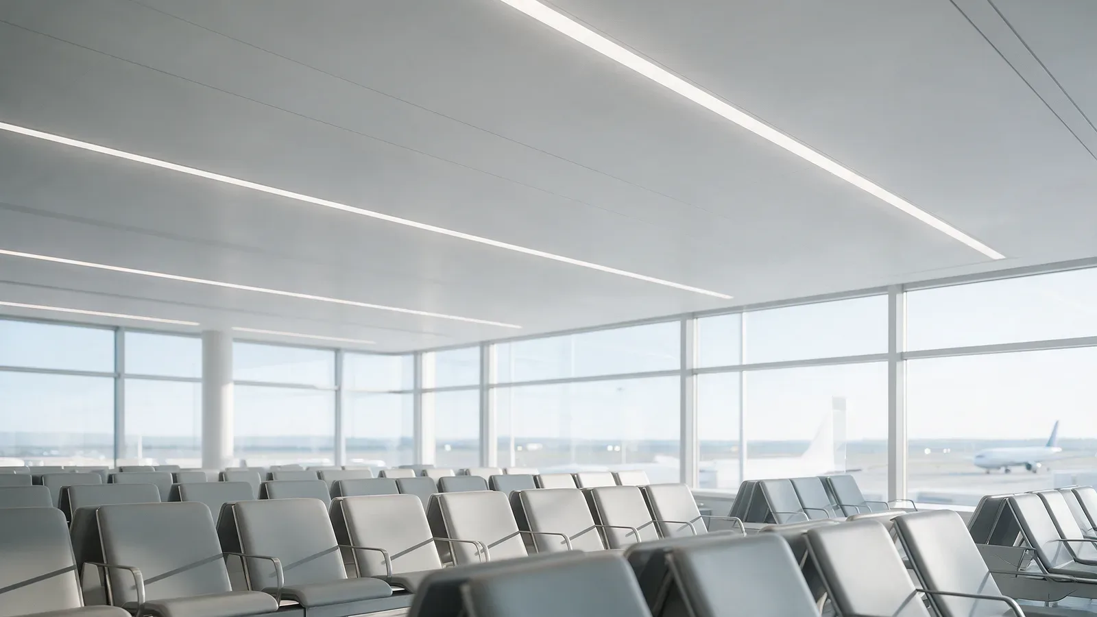 Sala de espera de aeropuerto con líneas de luz empotradas, filas de asientos y grandes cristaleras.