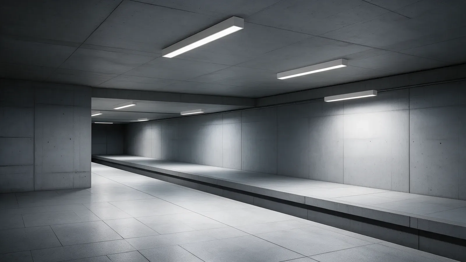 Andén de metro despejado, con luminarias lineales de superficie en el techo y arquitectura de hormigón.